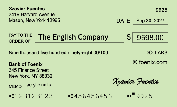How to write a check for $9,598